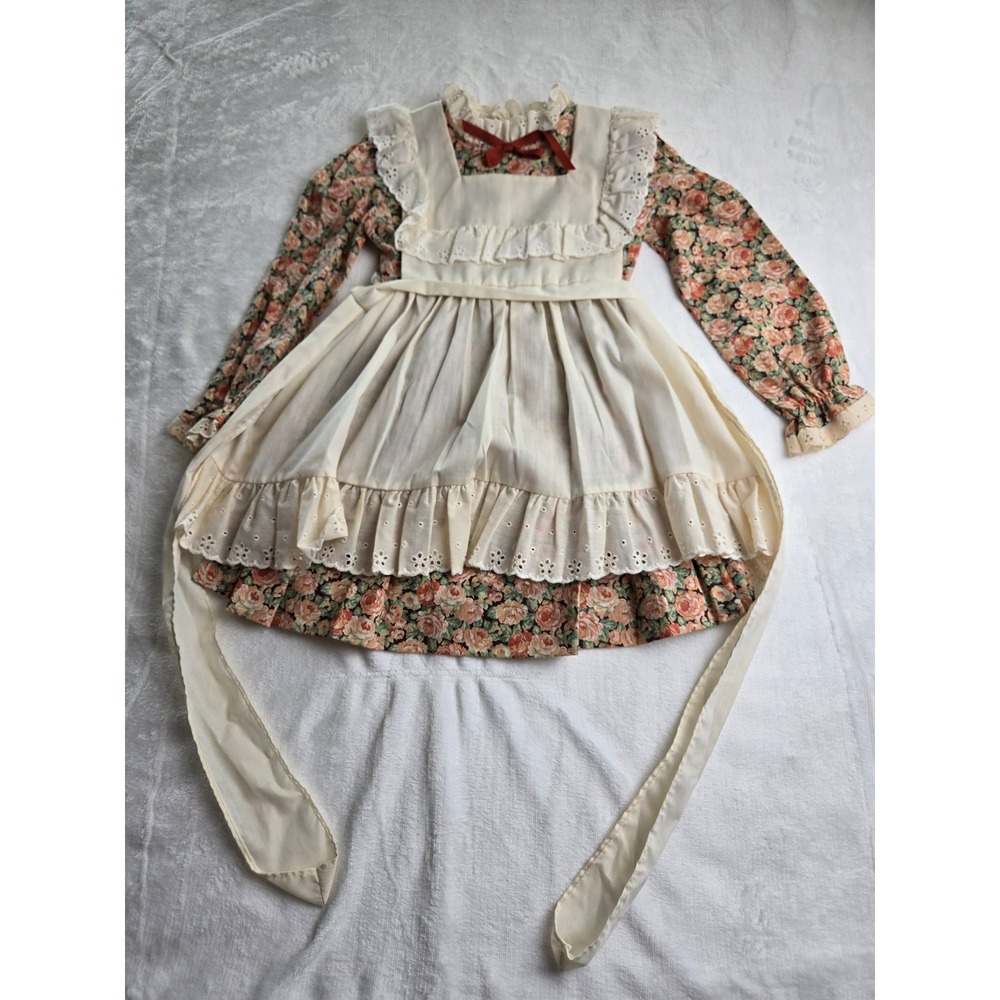 Vintage Nannette Girls Floral Dress with Eyelet Pinafore Apron Size 5 Rose Print